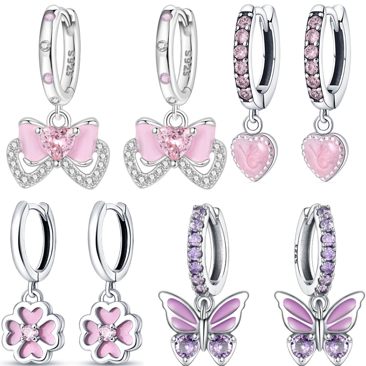 925 Sterling Silver Pink Sweet Bow Drop Earrings Trendy Anniversary Jewellery