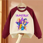 Girls O-Neck Spliced Long Sleeve Hoodies Cartoon Print Casual Pullovers