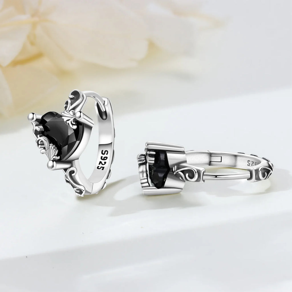 925 Sterling Silver Vine Love Black Zirconia Hoop Earrings Trendy Jewellery