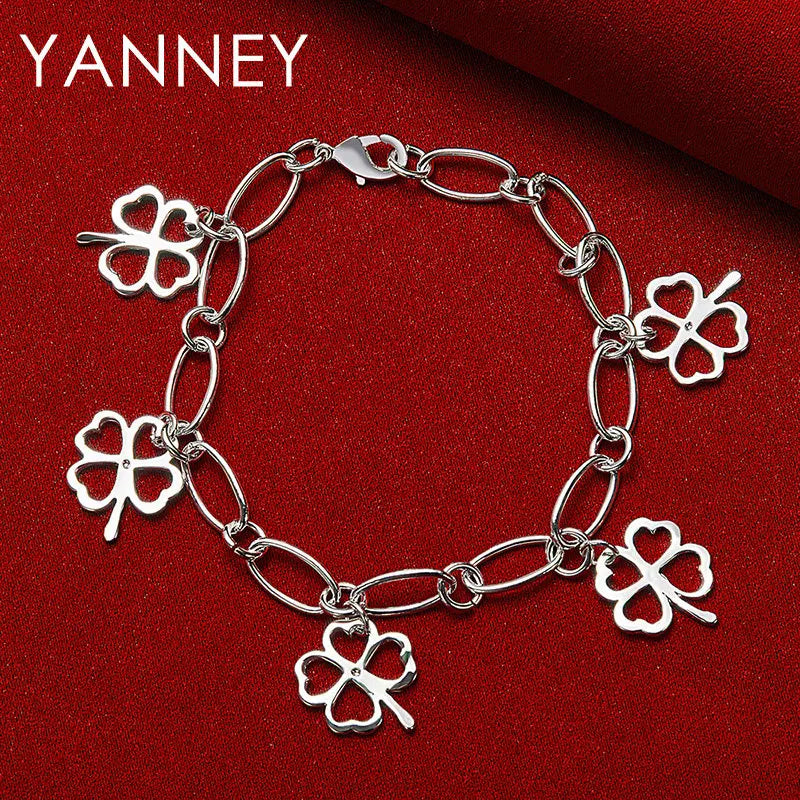 925 Sterling Silver Four-Leaf Clover Bracelet Women Party Jewellery Gift