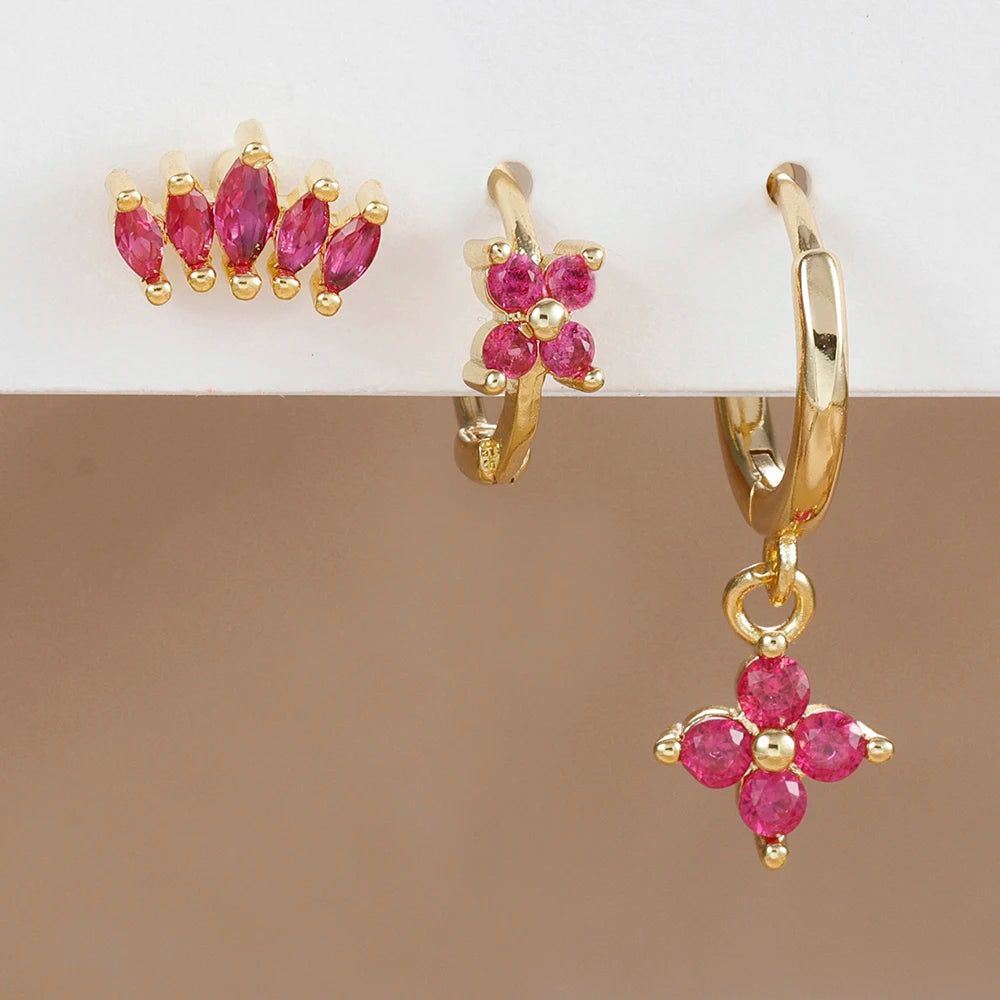 3PCS Stainless Steel Rose Red Zircon Flower Dangle Earring 18K Gold