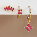 3PCS Stainless Steel Rose Red Zircon Flower Dangle Earring 18K Gold