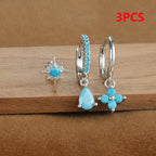 3PCS Stainless Steel Cubic Zirconia Water Drop Hoop Earrings Blue