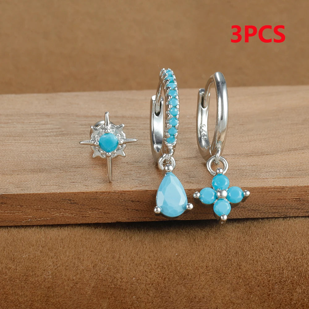 3PCS Stainless Steel Cubic Zirconia Water Drop Hoop Earrings Blue