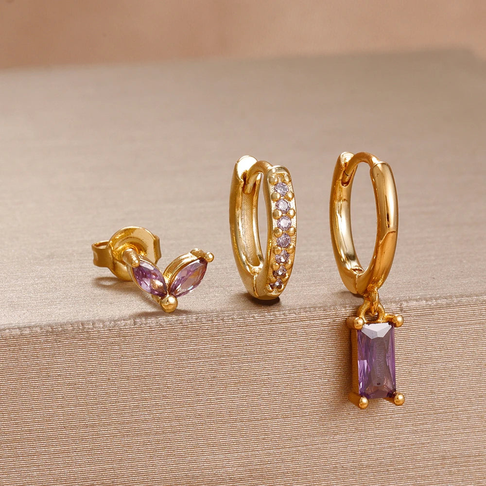 3PCS Purple Zircon Hoop Earrings for Women Stainless Steel Gold Pendant