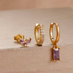 3PCS Purple Zircon Hoop Earrings for Women Stainless Steel Gold Pendant