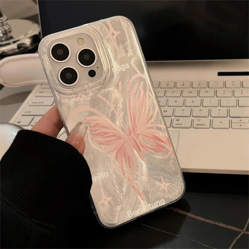 Pink Butterfly Laser Case for iPhone 16 15 14 13 12 11 Pro Max Plus XR XS