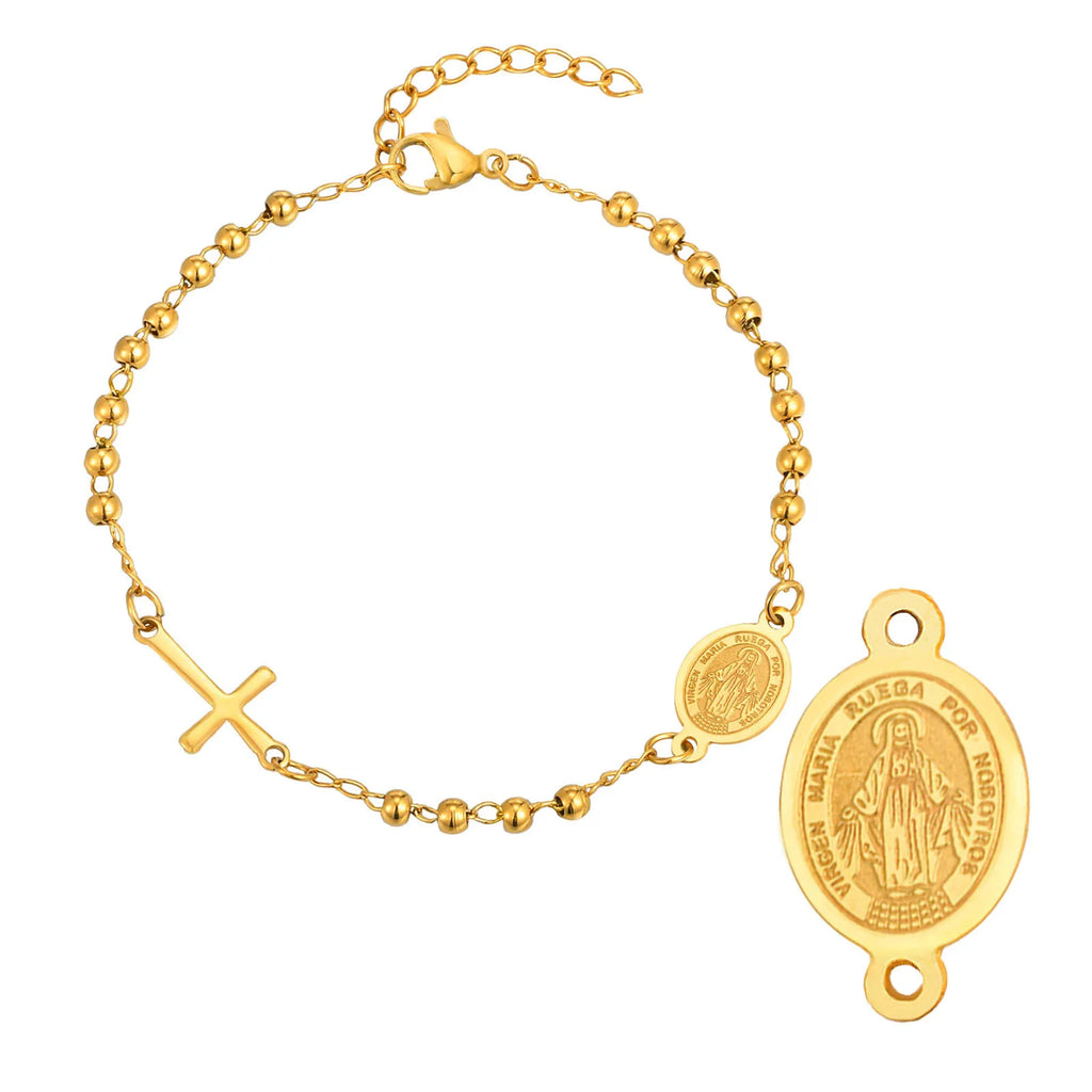 Stainless Steel Virgin Mary St Benedict Cross Bracelet, Bead Chain Bracelet Women Religious Jewelry