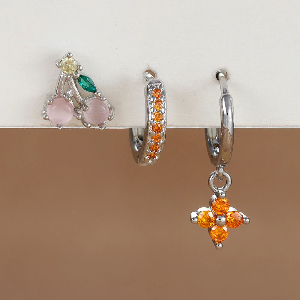 3PCS Stainless Steel Orange Zirconia Flower Pendant Hanging Earrings Set