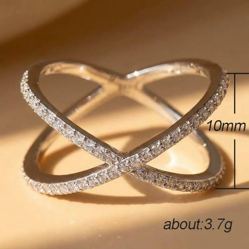 925 Sterling Silver Luxury Cross X Shape Engagement Ring Full Paved CZ Stone Simple Jewellery