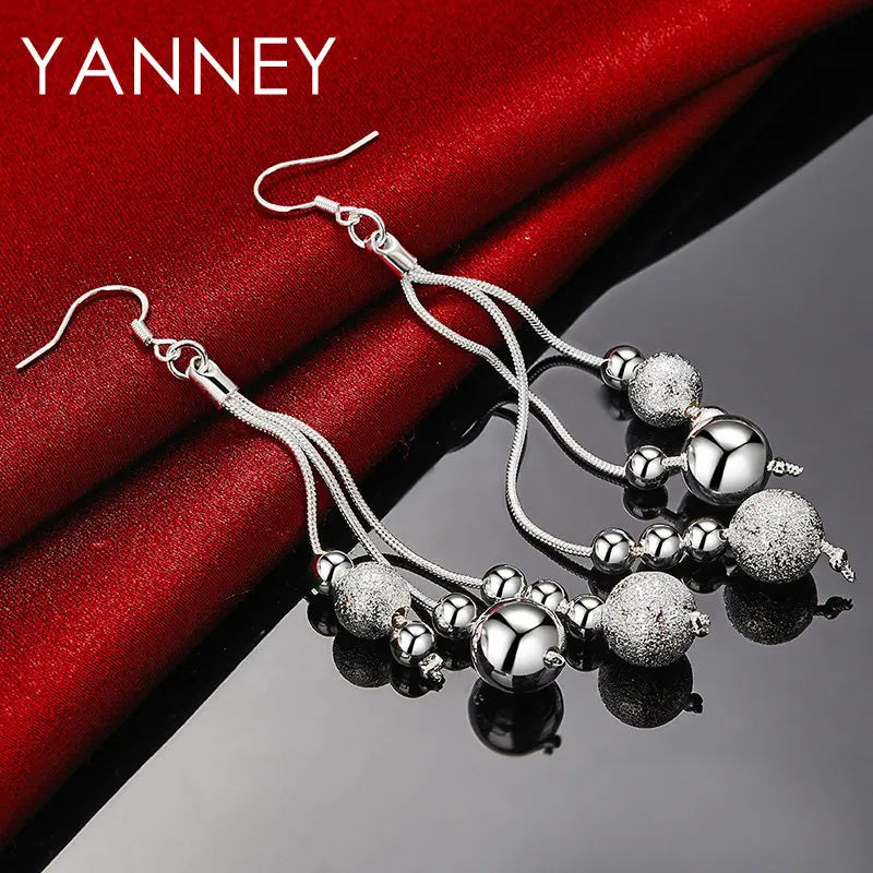 925 Sterling Silver 95mm Long Tassel Beads Earrings Women Fashion Wedding