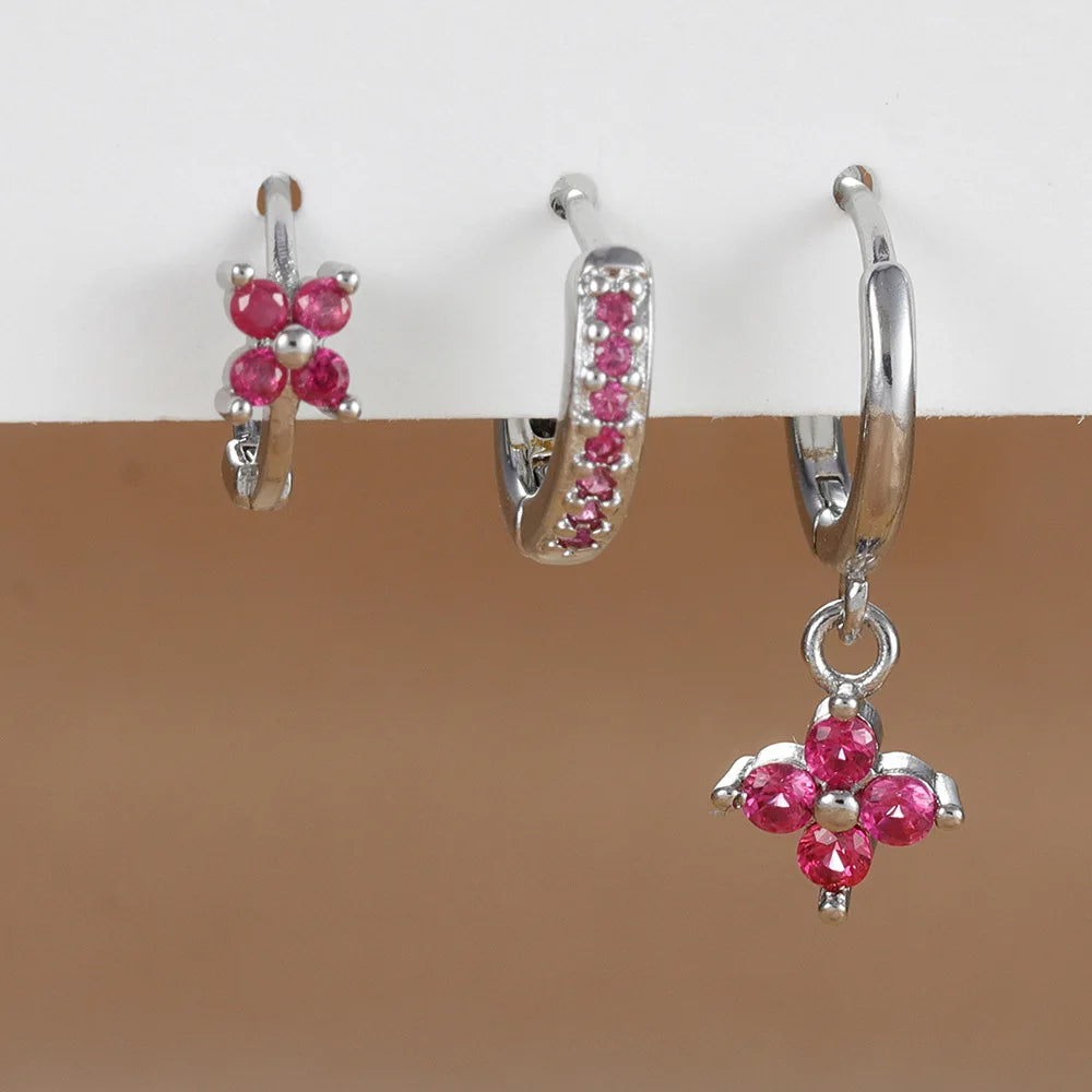 3PCS Fashion Orange Blue Zircon Hanging Earrings Stainless Steel Flower