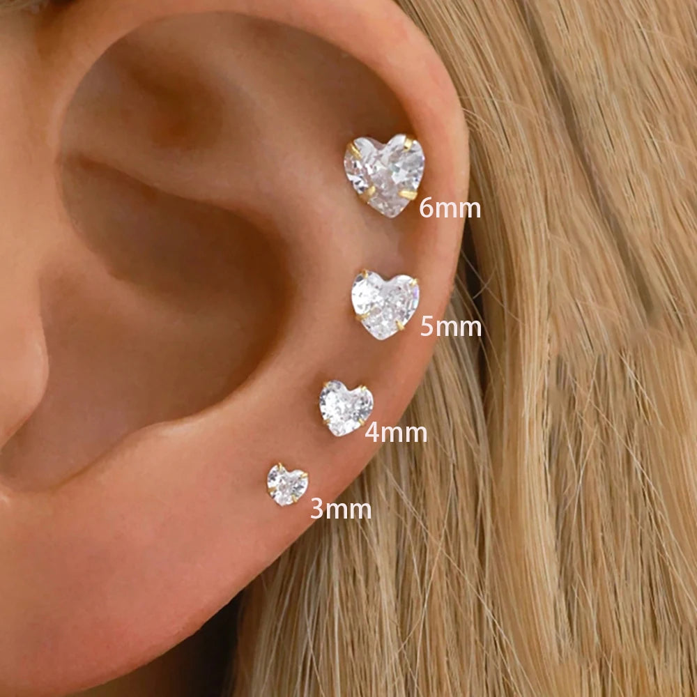 Korean Sweet Stainless Steel Zircon Heart Stud Earrings 3-6mm