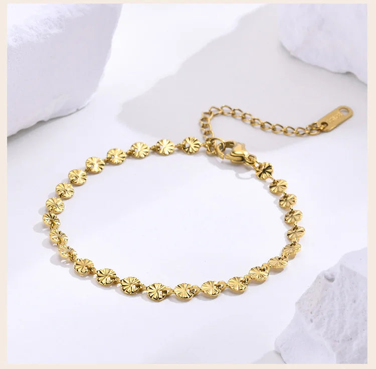 Texture Discs Bracelet Adjustable for Women, Stainless Steel Gold Plated Boho Minimalist Stacking Layered Jewelry