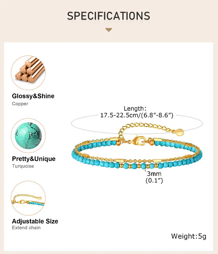 Turquoise Bracelet for Women, Double Chain Round Beaded Bracelet, Tarnish Free Gold Plated Jewelry Gift