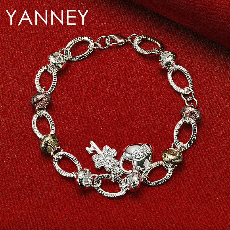 925 Sterling Silver 8-inch Heart Four-Leaf Clover Bracelet Women Party Gift