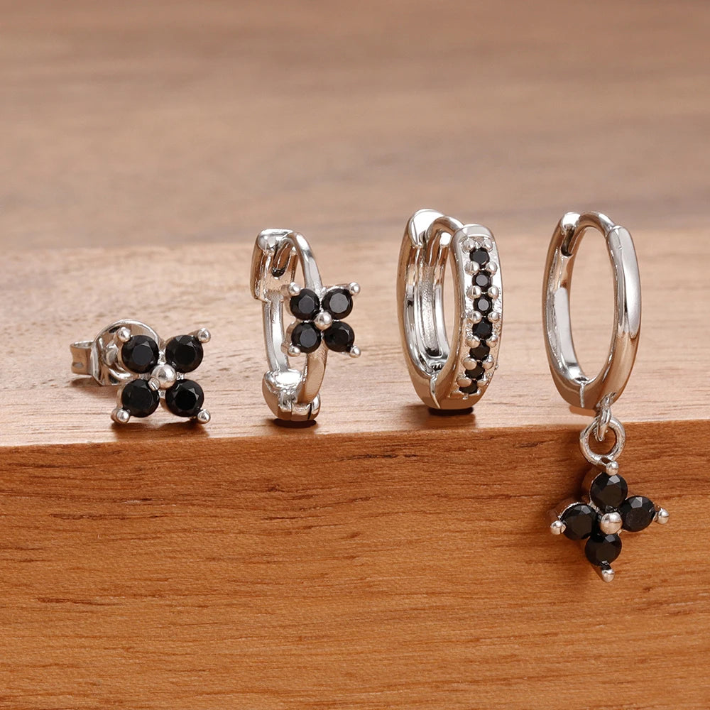 4PCS Black Zircon Flower Hoop Earring Simple Stainless Steel Huggies