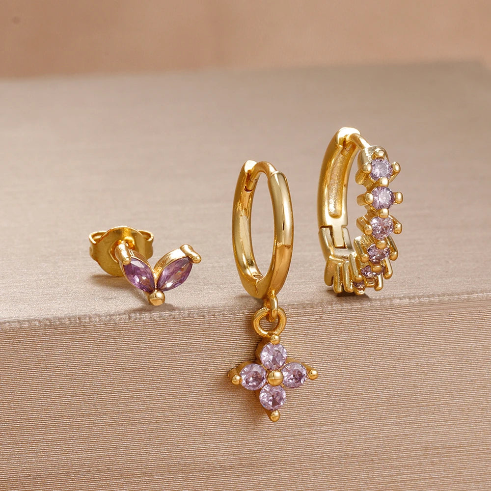 3PCS Purple Zircon Hoop Earrings for Women Stainless Steel Gold Pendant