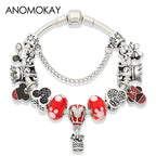 Antique Silver Castle Heart Minnie Mickey Charm Bracelet Pink Crystal Gift