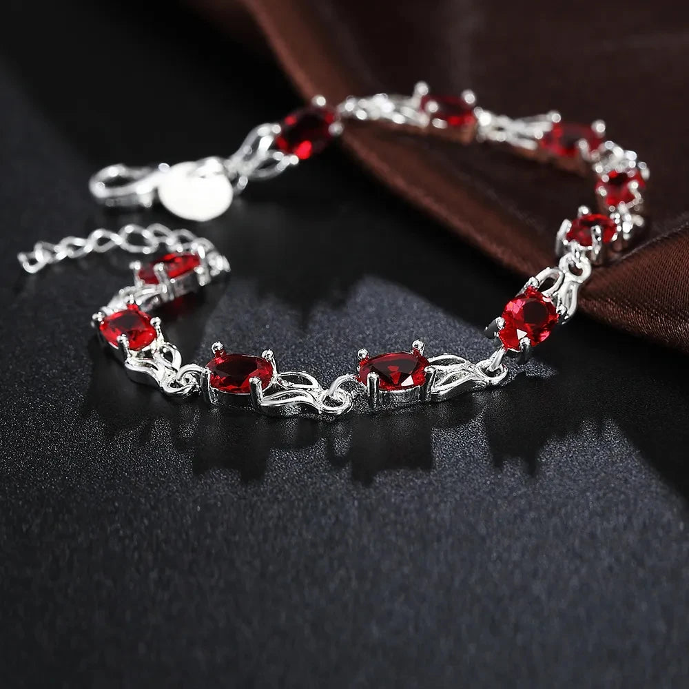 Red Crystal Chain Bracelet 925 Sterling Silver Women Fashion Wedding Gift