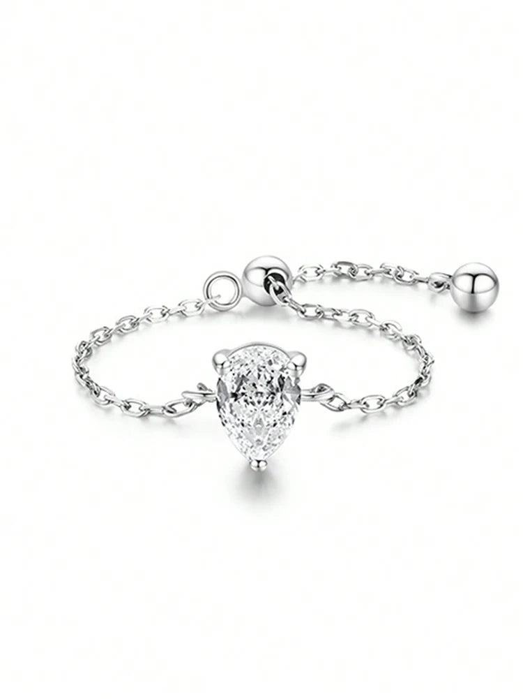Certified Moissanite Chain Ring 1CT Oval Pear Cut Adjustable 925 Sterling Silver