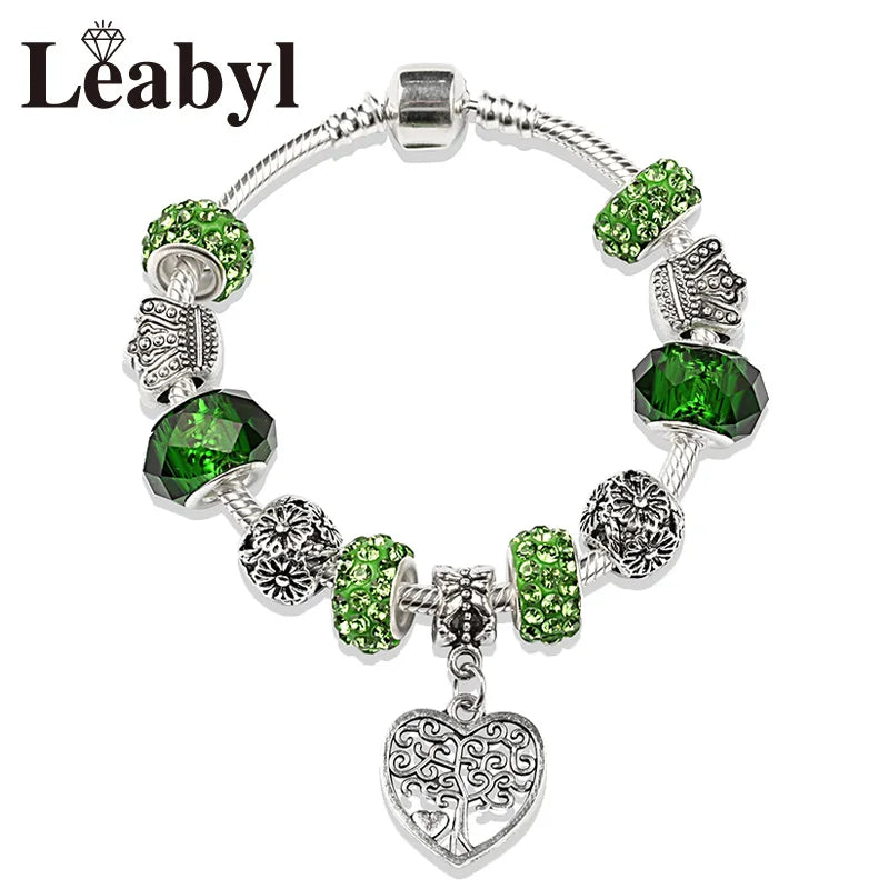 Silver Colour Tree of Life Bead Bracelet Green Leaf Crystal Charm Bangle