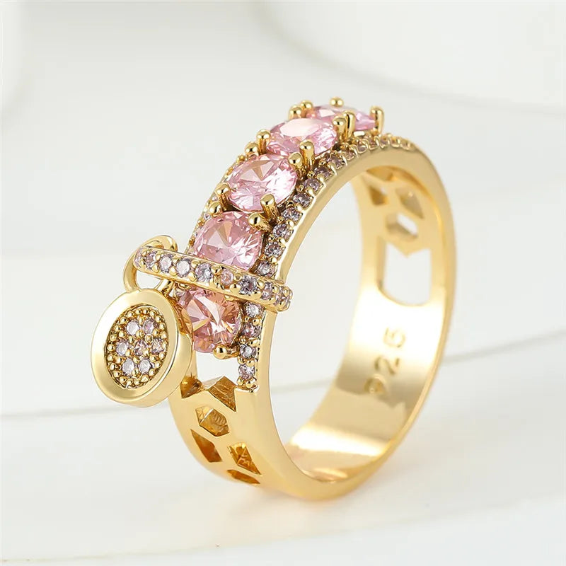 Vintage Royal Blue Stone Ring Yellow Gold Color Luxury Female Wedding Rings For Women Round Dangle Ring Engagement Jewelry Gifts
