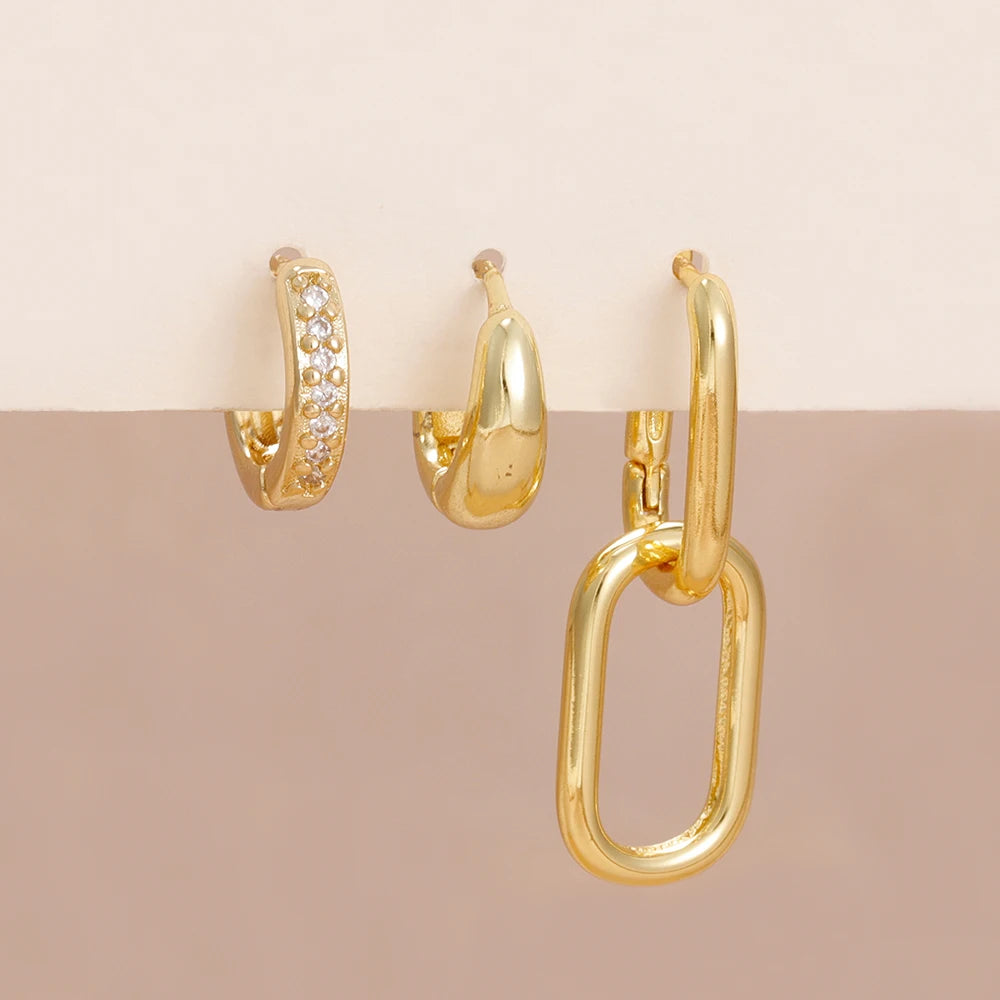 3PCS Stainless Steel Zircon Hoop Earrings Set Gold Colour Piercing