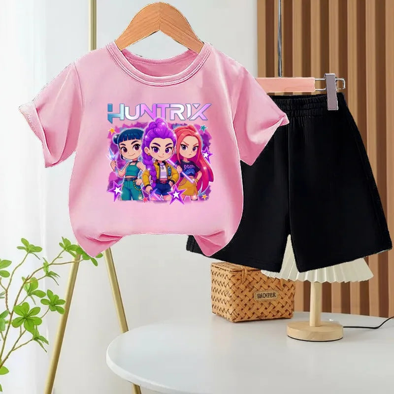 K-pop Girls Summer Casual Outfit Cartoon Print T-Shirt and Shorts Set