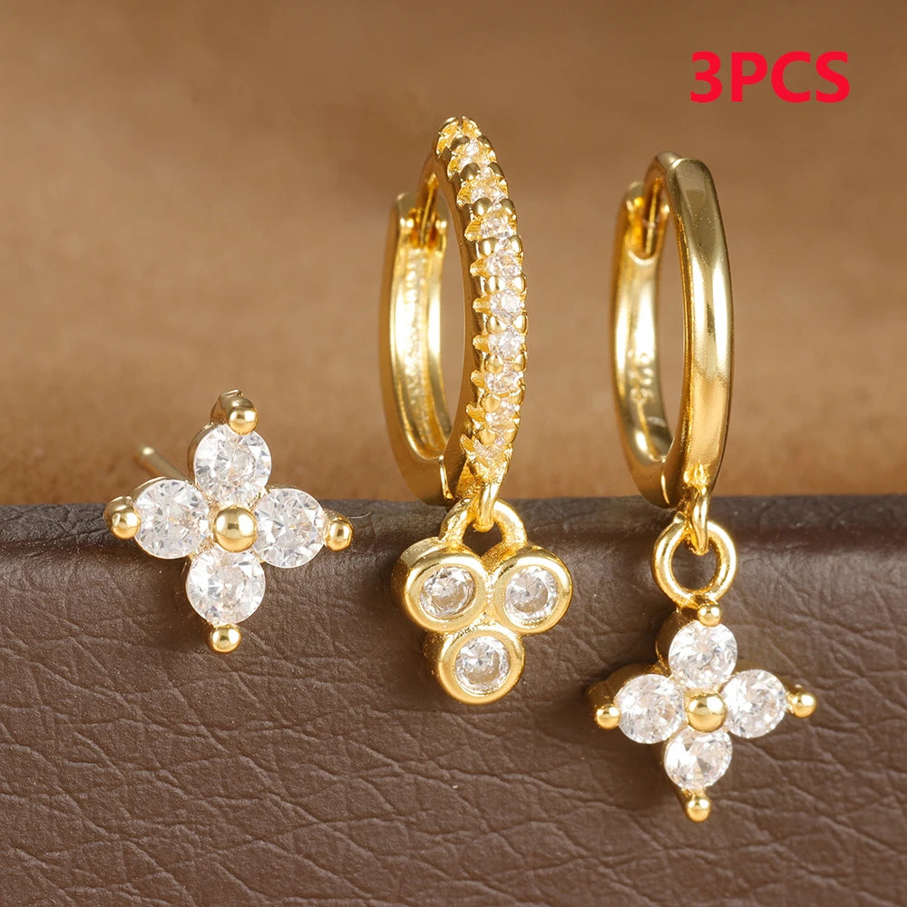 3PCS Vintage Stainless Steel Flowers Huggies Hoop Earrings Zircon