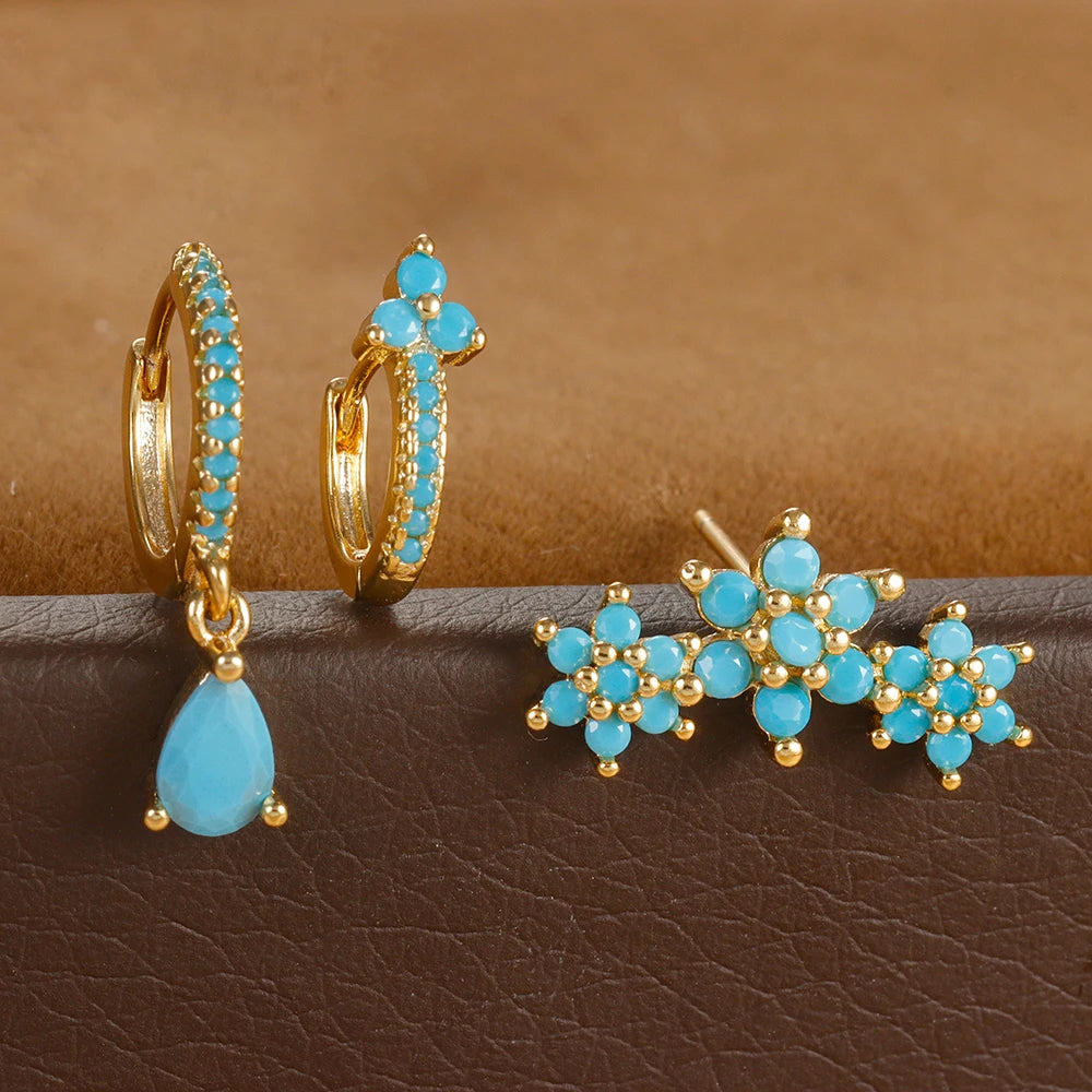 Vintage Blue Turquoise Water Drop Hoop Earring Set Geometric Steel