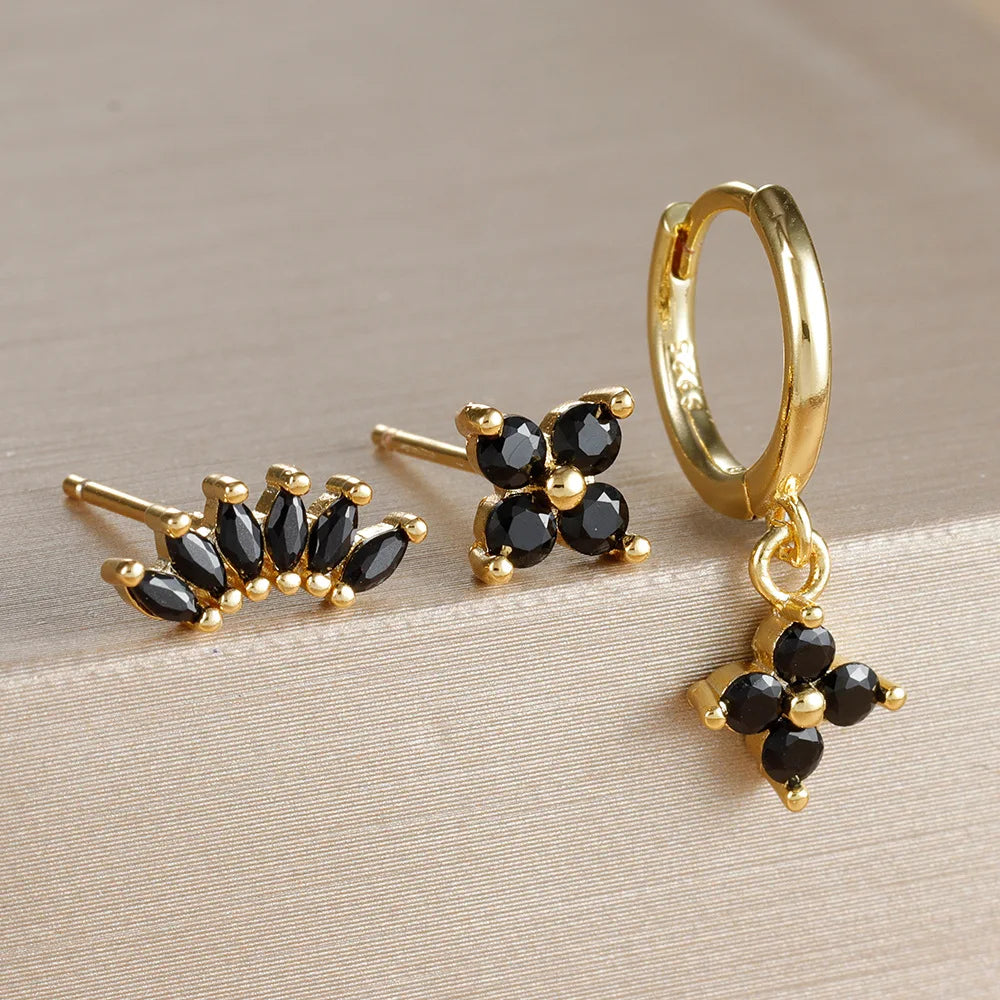 3PCS Fashion Orange Blue Zircon Hanging Earrings Stainless Steel Flower
