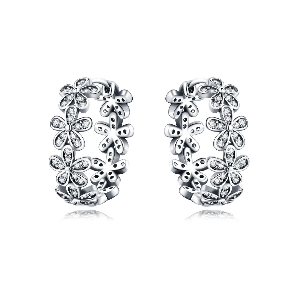 925 Sterling Silver Flower Plant Zircon Circle Hoop Earrings Jewellery Gift