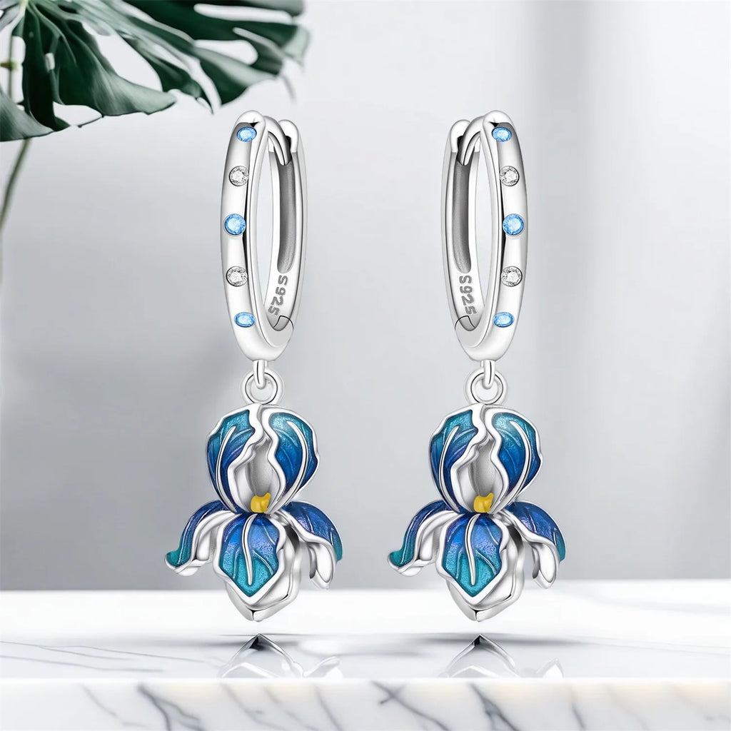 925 Sterling Silver Blue Iris Flower Drop Earrings Anniversary Jewellery Gift