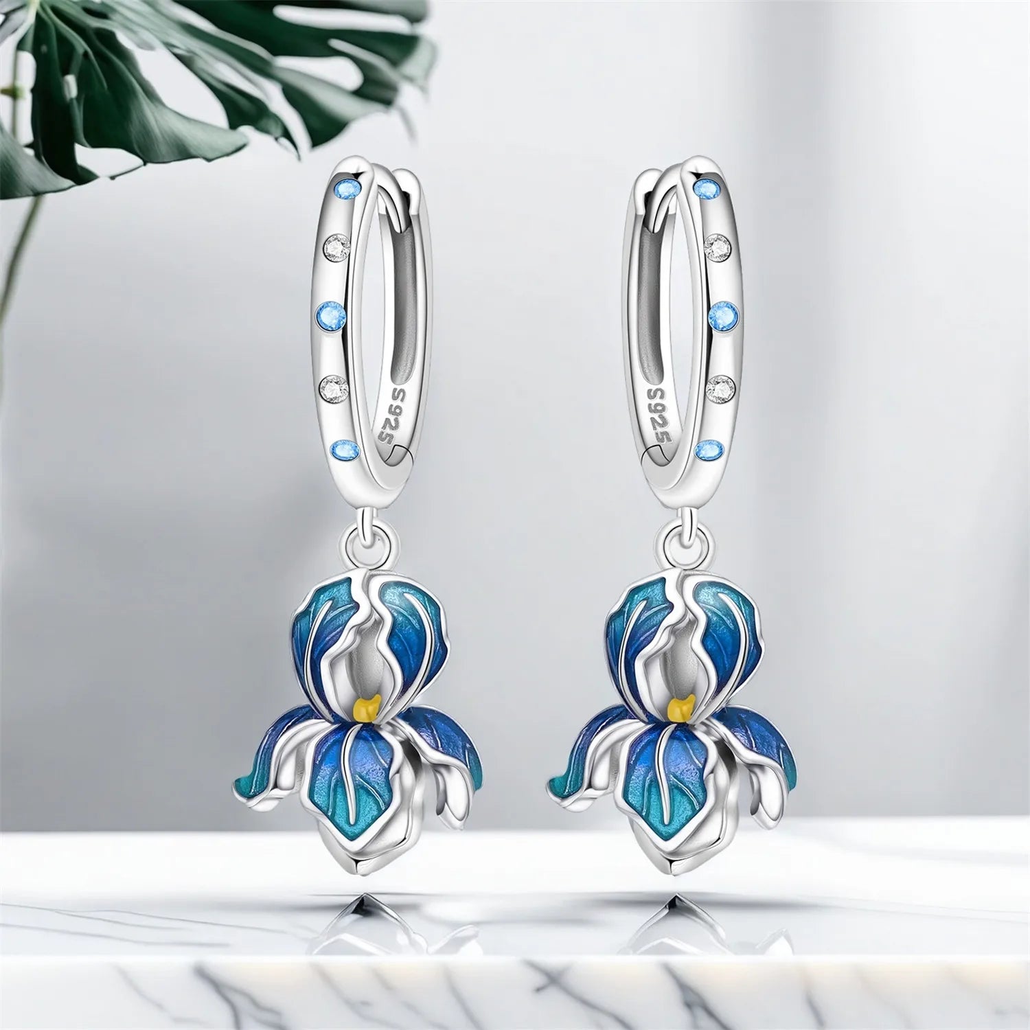 925 Sterling Silver Blue Iris Flower Drop Earrings Anniversary Jewellery Gift