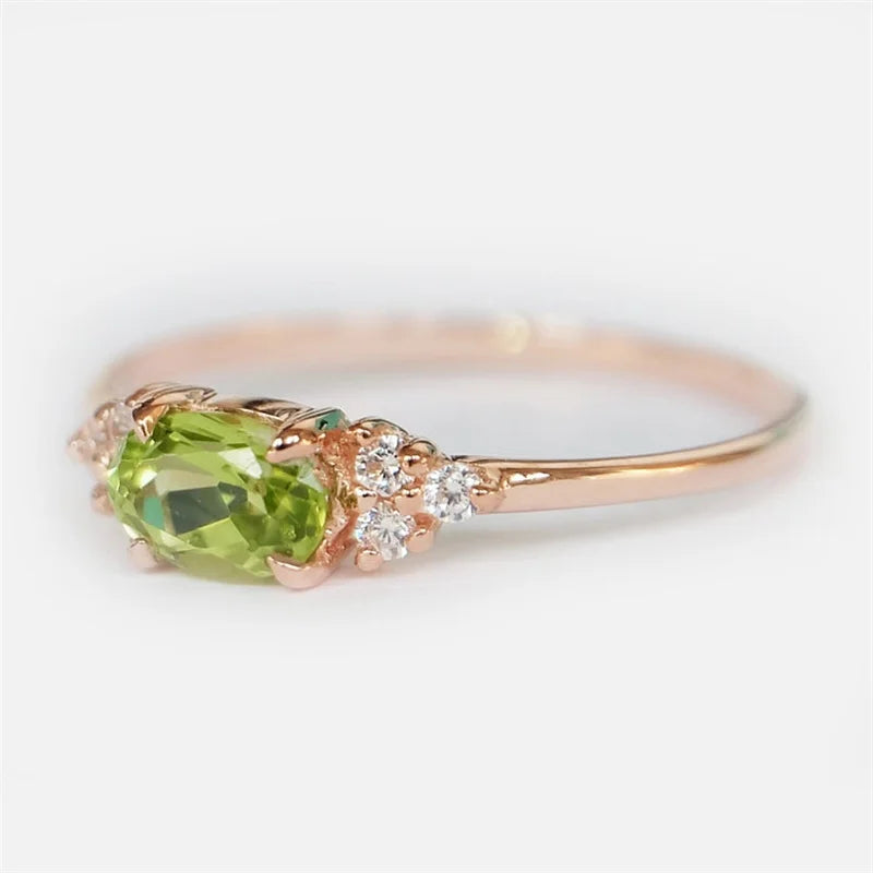 Small Olive Green Stone Ring Rose Gold Color Oval Zircon Minimalist Stacking Thin Rings For Women Party Wedding Bands Jewelry CZ