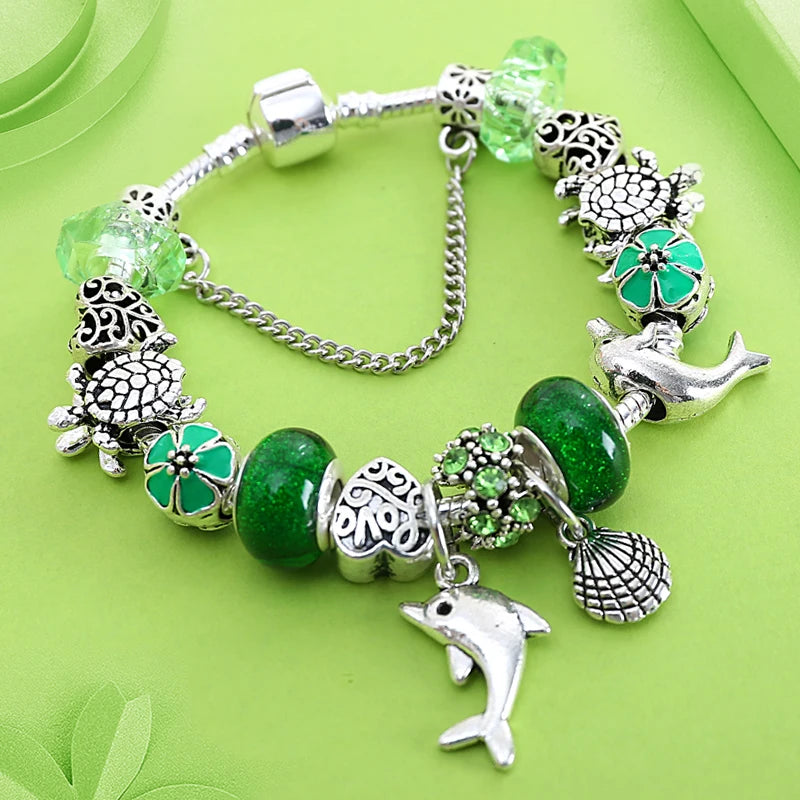 Classic Dolphin Charm Bracelet Blue Murano Crystal Glass DIY Bead Bangle