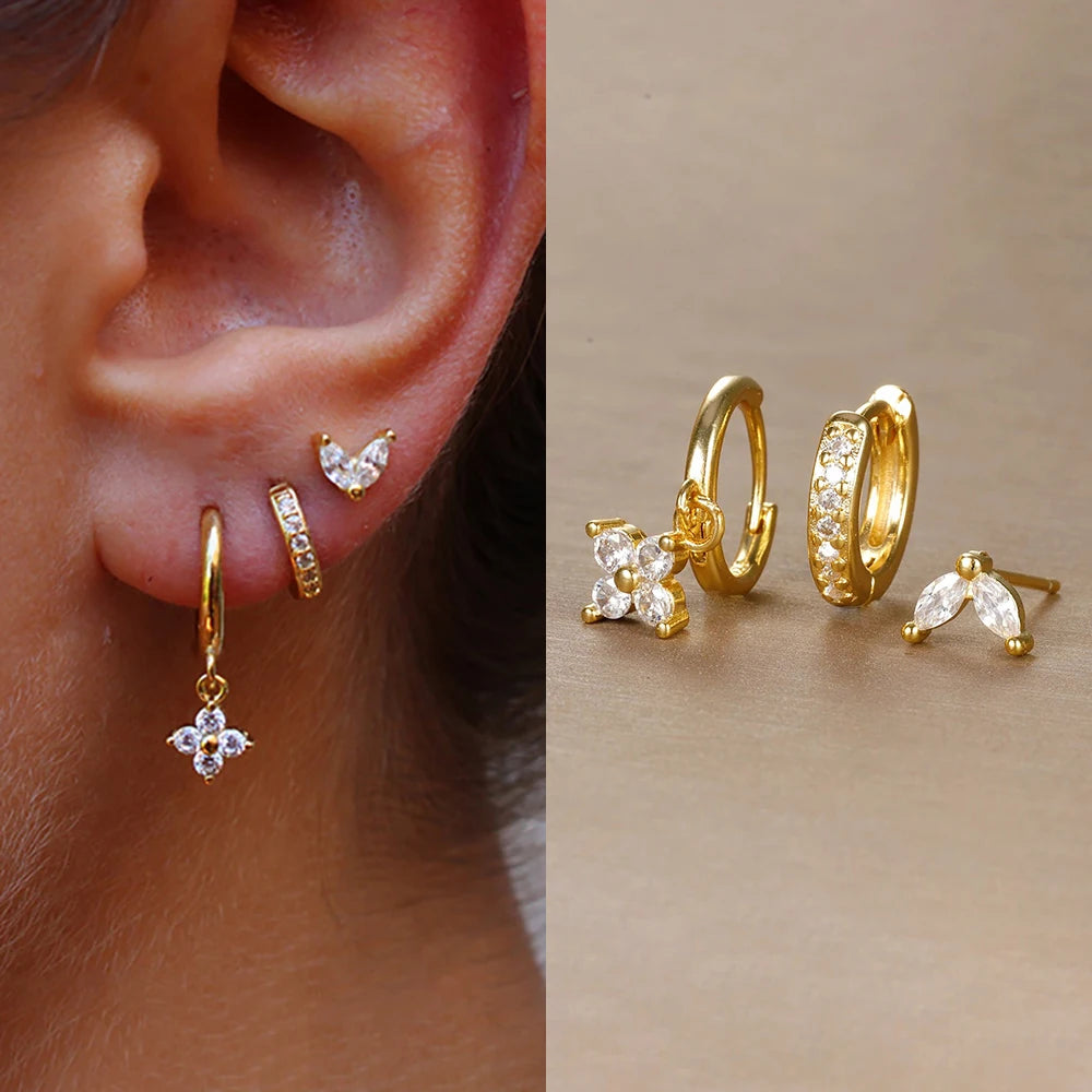 3PCS Trendy Stainless Steel Flower Drop Earring Set Zirconia Dangle