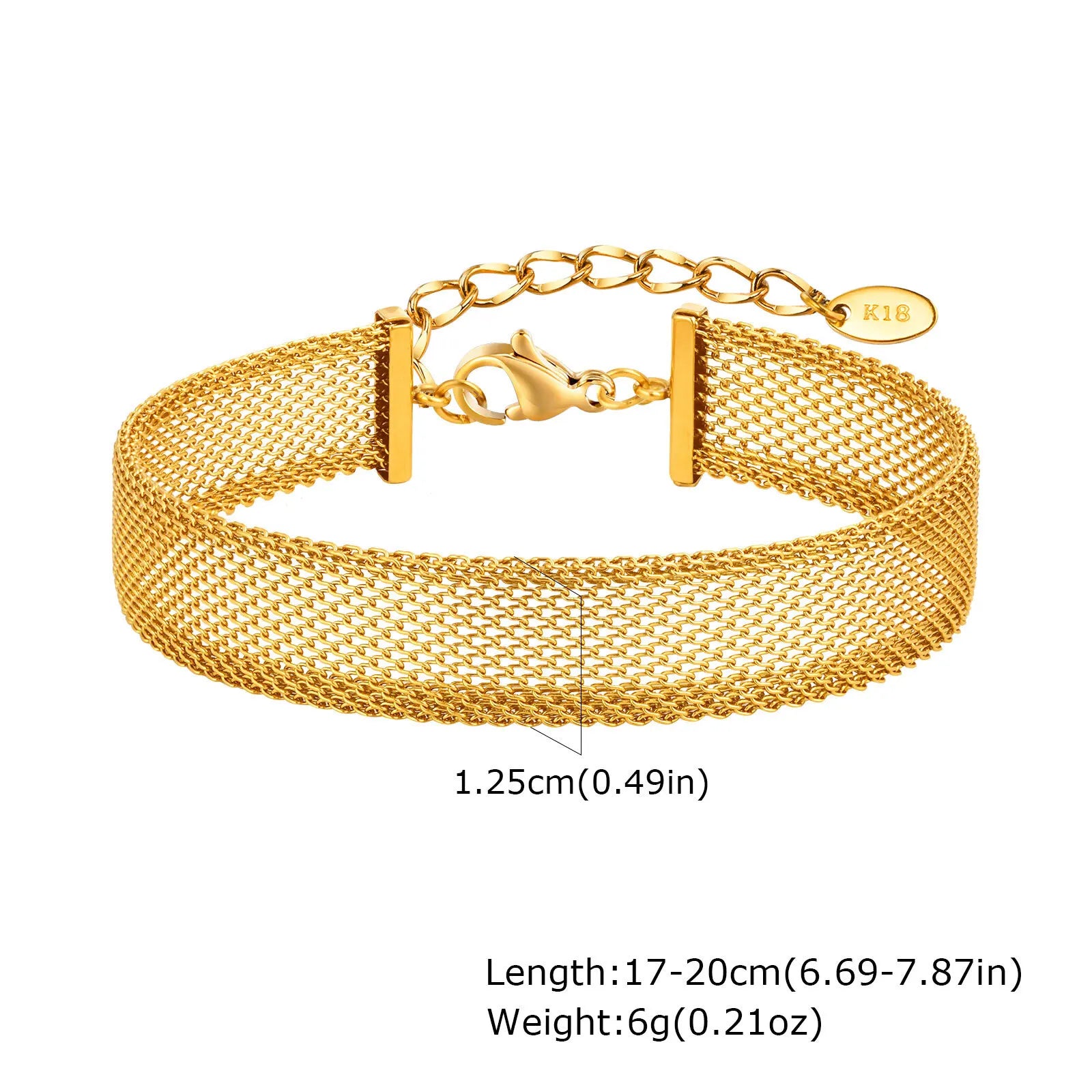 Stainless Steel Chain Women Bracelet, Wide Brand Mesh Link Adjustable Wristband, 18k PVD Gold Plated Vintage Jewelry
