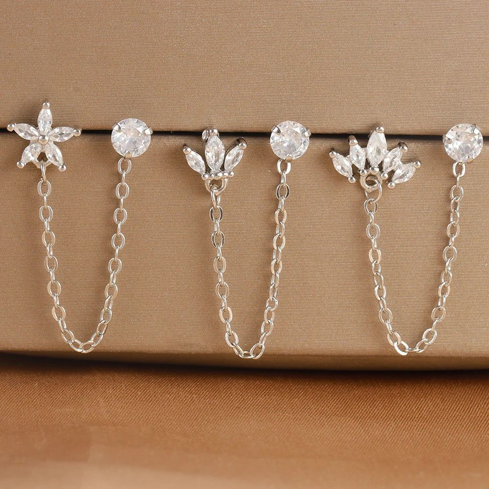 Stainless Steel Zircon Crown Stud Earrings Women 18K Gold Double Studs