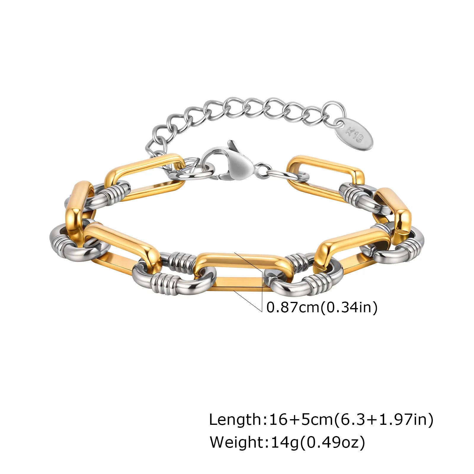 Two Tone Chain Bracelet for Women, Chunky Mixed Metal Link, Stainless Steel Waterproof Jewelry, Stylish Adjustable Wristband