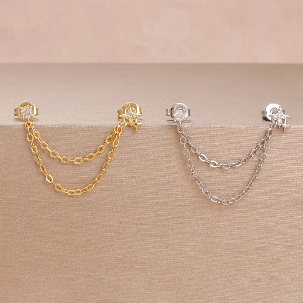 1Piece Stainless Steel Chain Tassel Star Earrings Double Piercing