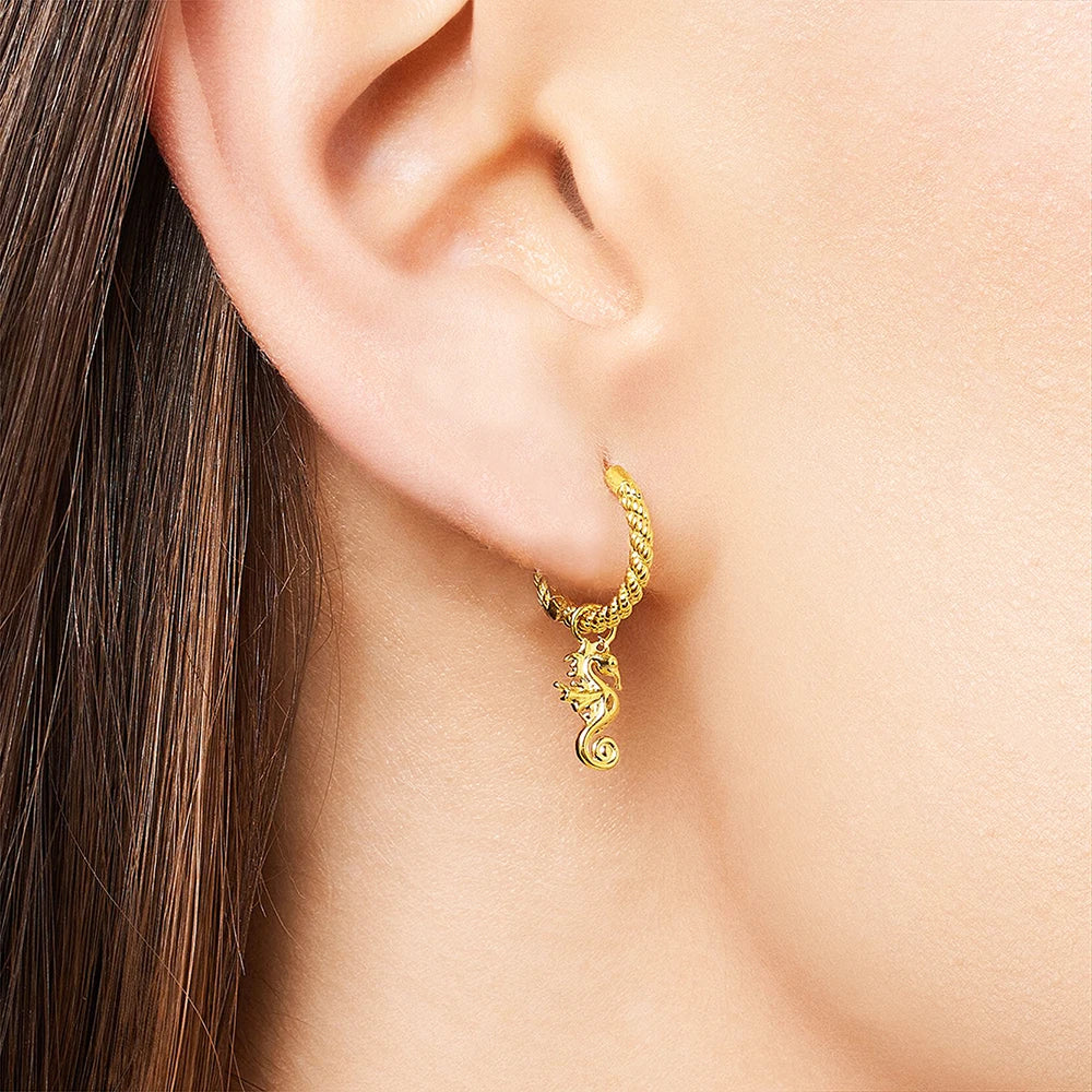 Seahorse Gold Creole Hinged Hoop Earrings Solid 925 Sterling Silver