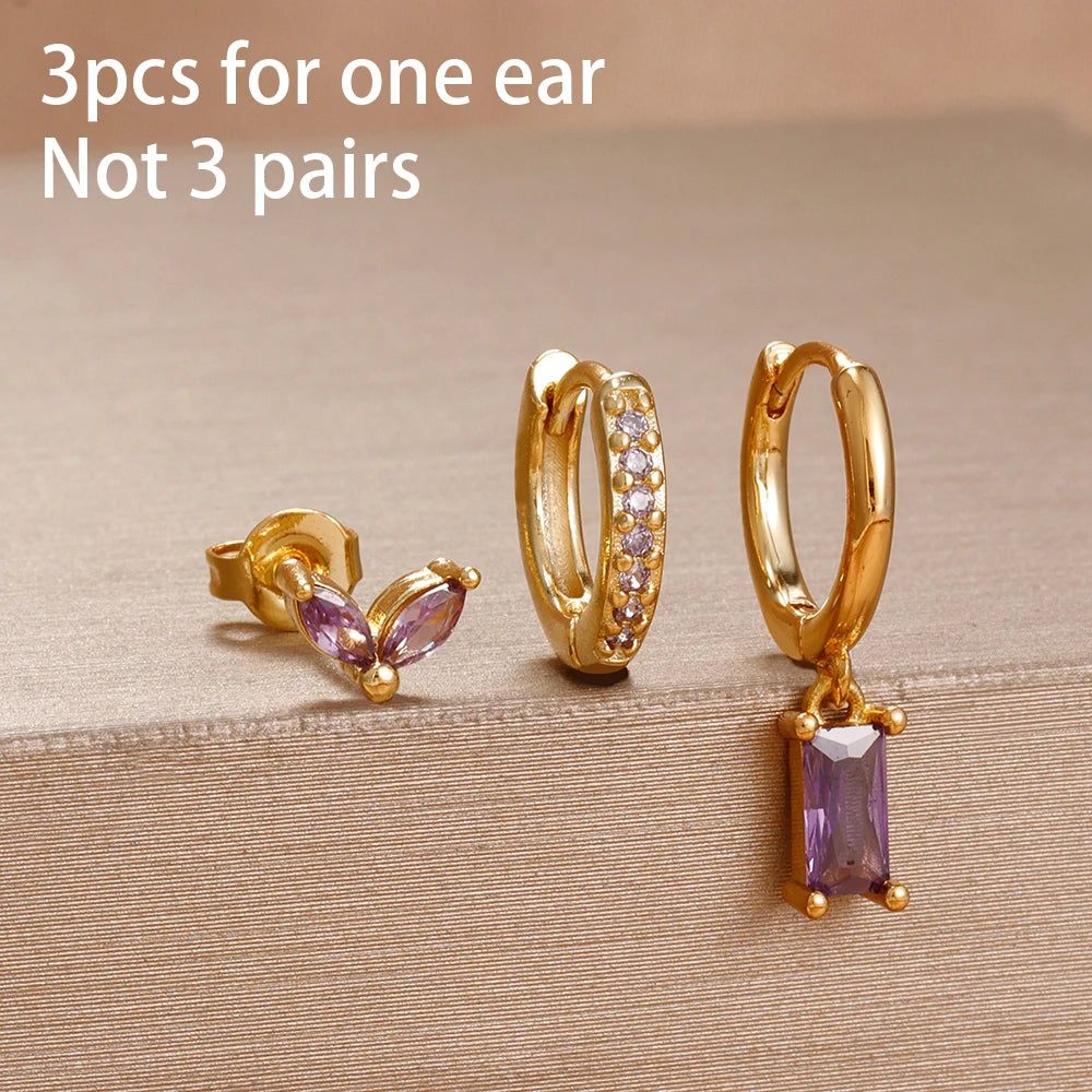 3PCS Purple Zircon Hoop Earrings for Women Stainless Steel Gold Pendant