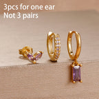 3PCS Purple Zircon Hoop Earrings for Women Stainless Steel Gold Pendant
