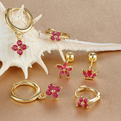 3PCS Stainless Steel Rose Red Zircon Flower Dangle Earring 18K Gold