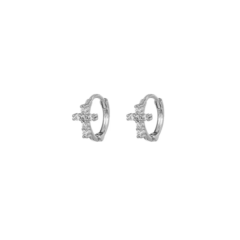 New Stainless Steel Zircon Star Cross Hoop Earring Gold y2k Crown