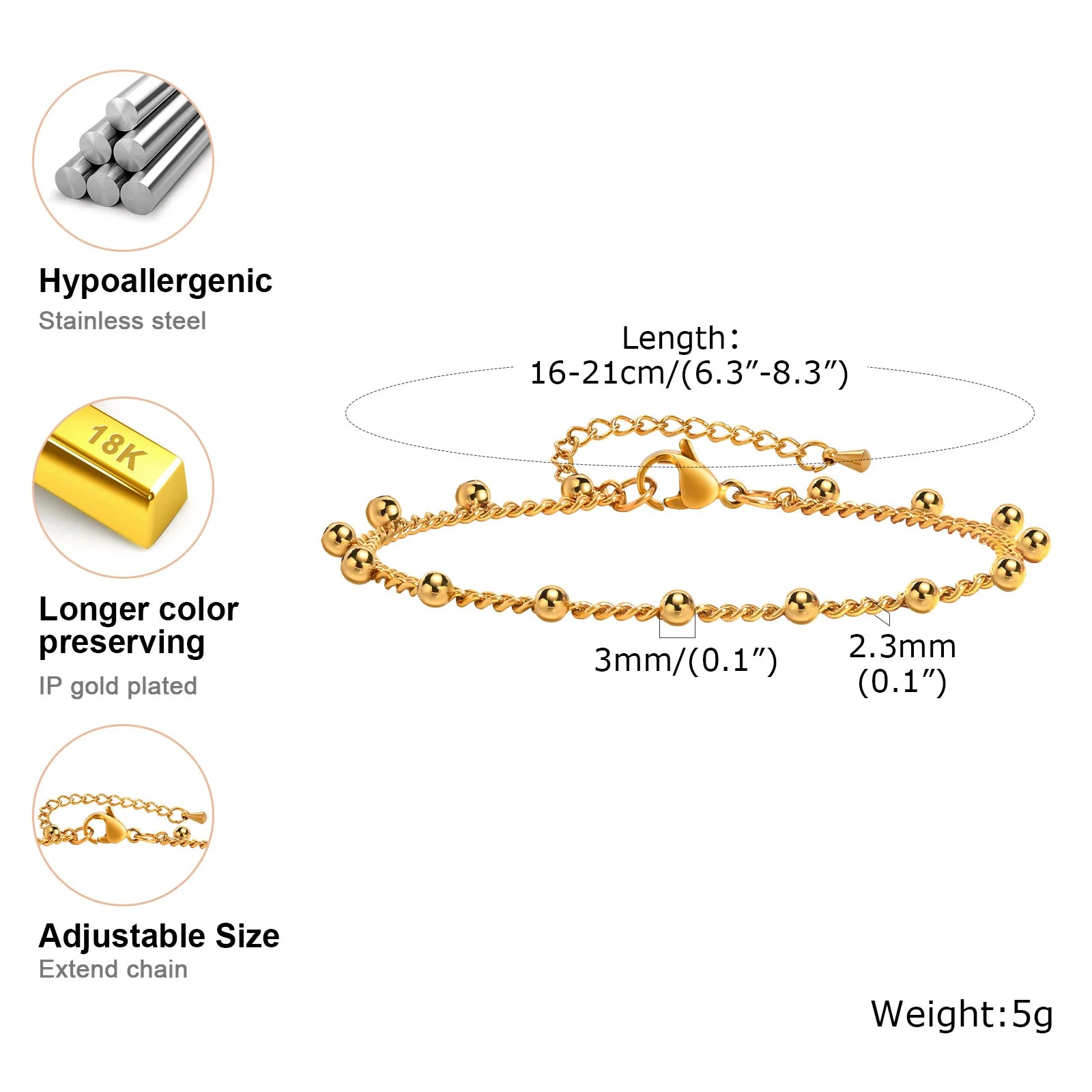 Gold Plated Link Bracelet for Women, Stainless Steel Stackable Chain Wristband, Adjustable Waterproof Jewelry