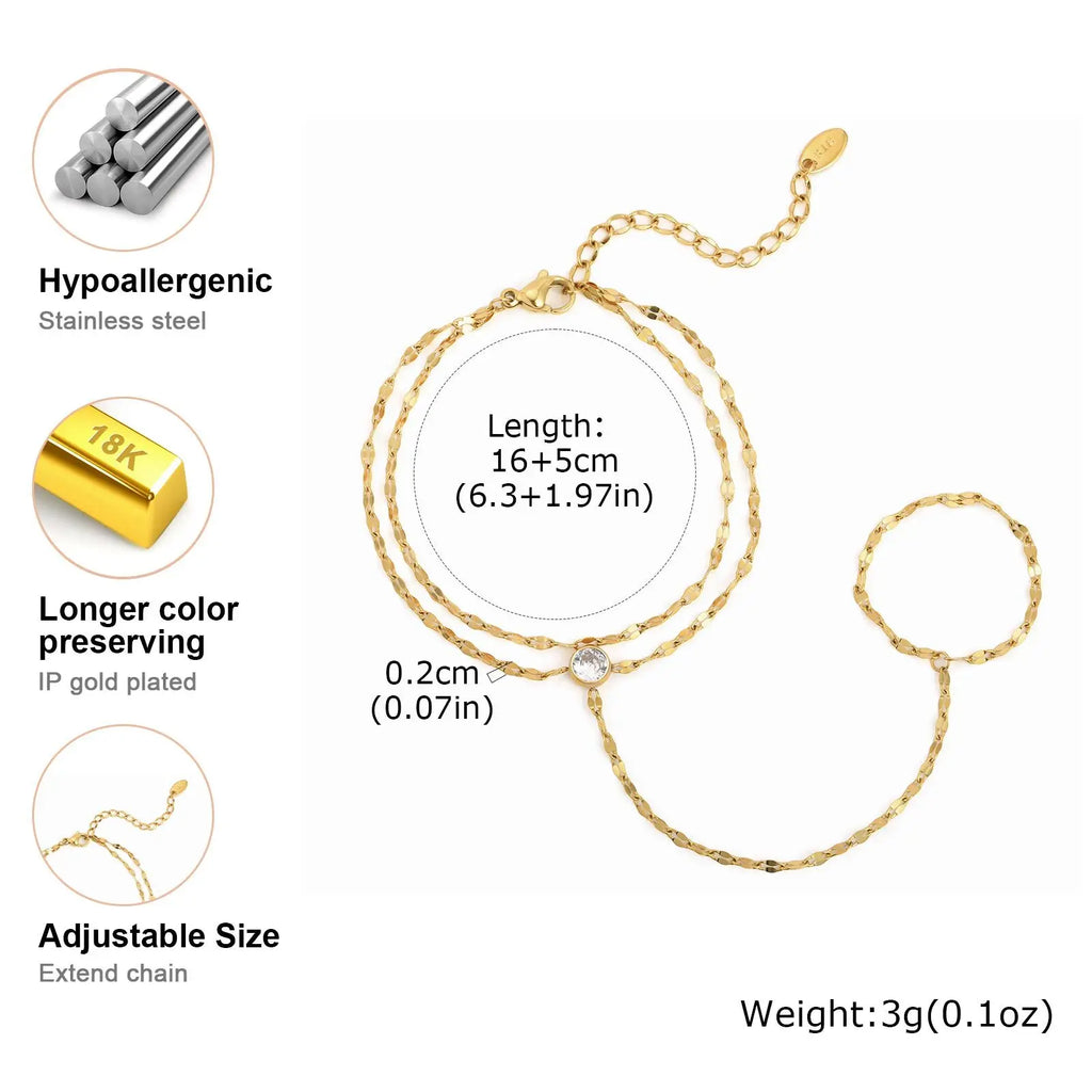Stainless Steel Hand Chain Ring Bracelet for Women, Adjustable Gold Plated Doule-layer Bracelets, Christmas Party Jewelry