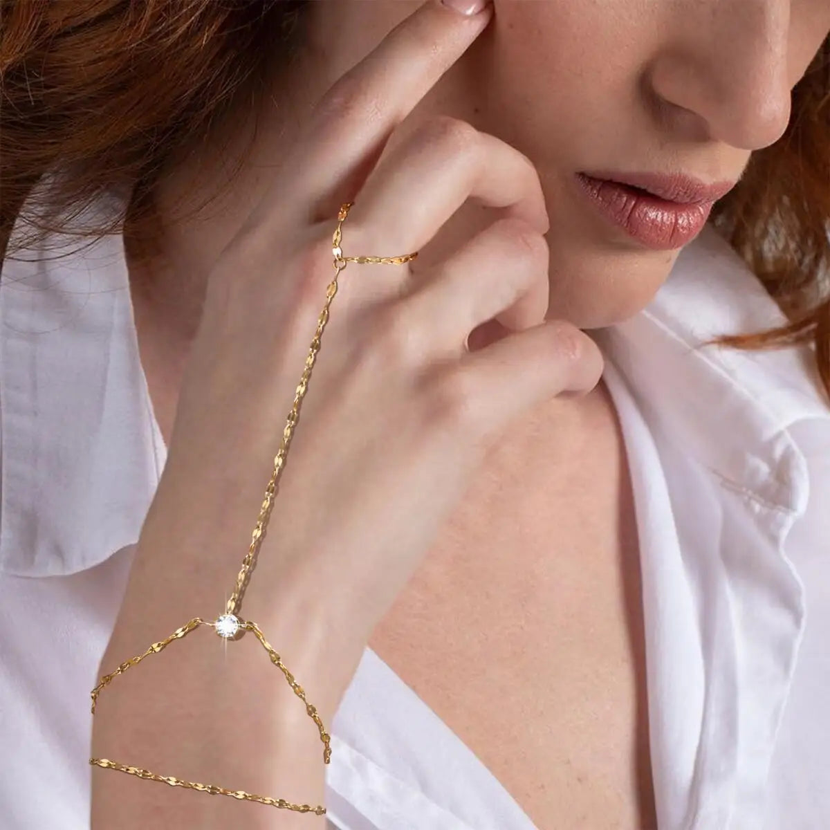 Stainless Steel Hand Chain Ring Bracelet for Women, Adjustable Gold Plated Doule-layer Bracelets, Christmas Party Jewelry